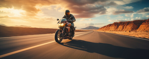 Driver riding motocycle on empty road in sunset light.  Panorama photo.