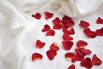 heart-shaped red petals scattered on white linen