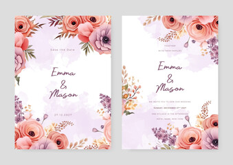 Peach and purple violet poppy rustic vector elegant watercolor wedding invitation floral design