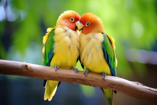 two lovebirds perched close together on a branch