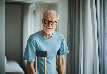 Portrait of an elderly man with crutches.