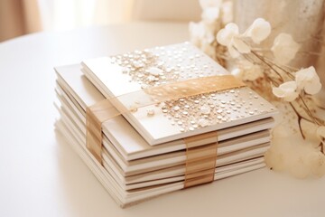 stacked wedding invitations with beige and white tones
