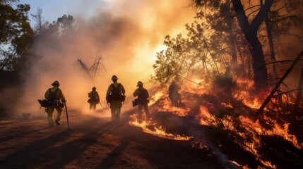 Fototapeta premium A team of firefighters coordinating efforts to battle a blaze