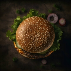 Fototapeta na wymiar hamburger on a dark background- top view- copy space