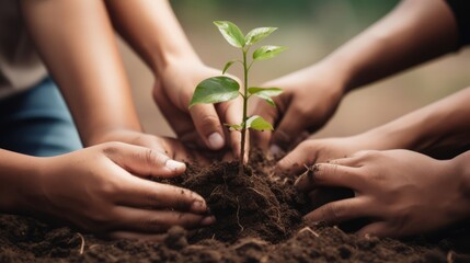 A close-up of diverse hands planting seeds of unity