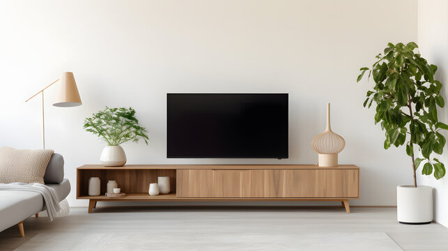 Wooden tv unit in spacious room. home interior design of modern living room