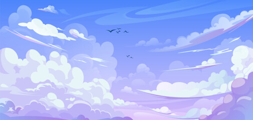 Fototapeta na wymiar Anime style sky background with clouds. Vector cartoon illustration of beautiful heavenly cloudscape in pink, light blue gradient colors, birds flying high, cloudy summer day, sunrise or sunset design