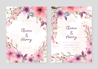 Pink and purple violet cosmos rustic vector elegant watercolor wedding invitation floral design