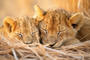 sleeping cubs of a lion family in the savannah