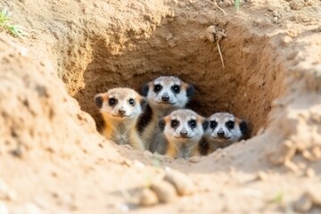 meerkat family standing guard at their burrow - obrazy, fototapety, plakaty