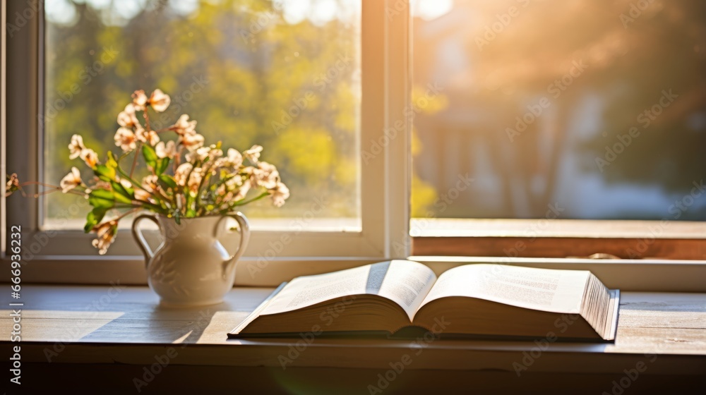 Poster an open book on a sunlit windowsill with a view