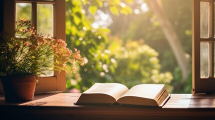 An open book on a sunlit windowsill with a view - Powered by Adobe