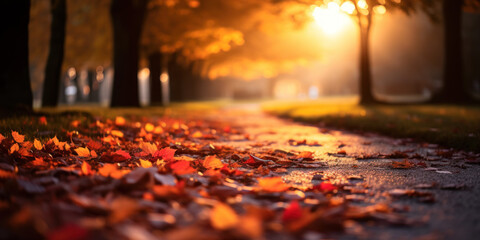 Naklejka na ściany i meble levé de soleil sur un paysage d'automne aux couleurs dorée et feuilles mortes