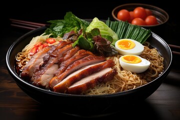 A bowl of Japanese ramen with pork belly, noodles, and a variety of toppings