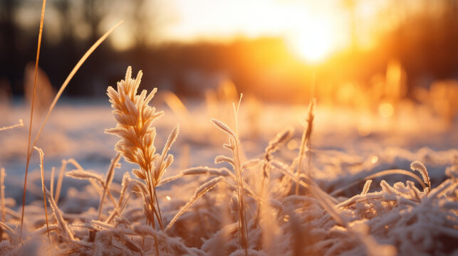 lev&eacute; de soleil sur la campagne gel&eacute;e en hiver