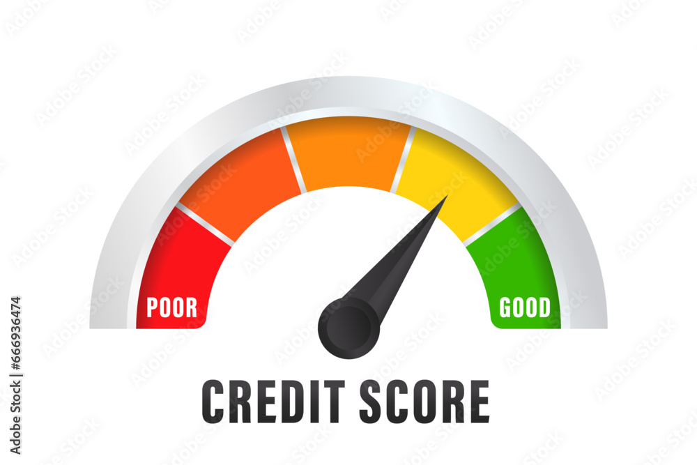 Poster credit score narrow gauge speedometer indicator with color levels. measurement from poor to excellen