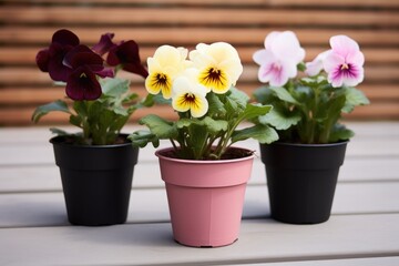 single flower pot housing three different flowers