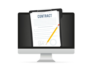 Signing the contract on the computer screen. Contract agreement, memorandum of understanding, legal document stamp, concept for web banners, websites. Pencil agreement contract. Vector illustration