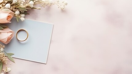 Pastel colored wedding invitation with a top view and a space for a photocopy of a ring, AI generative