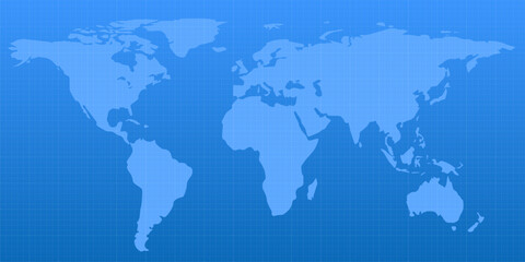 Blue geopolitical map of World. Top view with background grid. Drawing of map on squared paper. Vector illustration