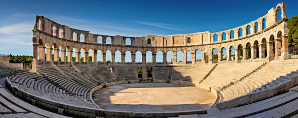 Fototapeta premium Historical amphitheater stones round building. panorama photo