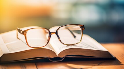 A close-up of a pair of reading glasses on an open book