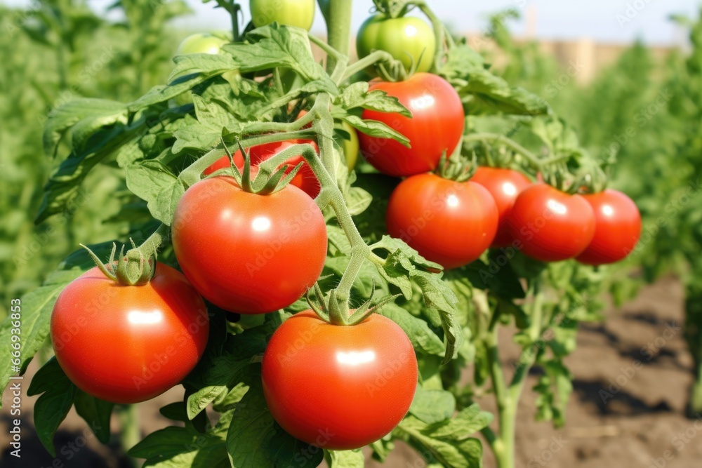 Wall mural group of ripe tomatoes, with one tomato still green