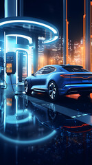 Futuristic hydrogen fuel cell car refueling at a cutting-edge station for renewable energy transportation and driving in story format - obrazy, fototapety, plakaty