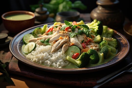 A plate of Thai green curry with chicken, vegetables, and rice