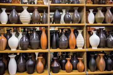 Fototapeta na wymiar rows of finished stoneware vases on a display shelf