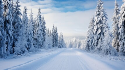 Fototapeta premium A road through a winter wonderland with snow-covered trees