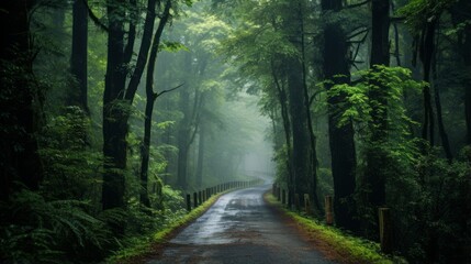 Obraz premium A road through a dense, misty forest