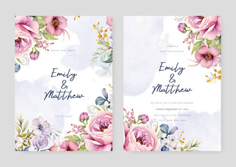 Pink and purple violet poppy elegant wedding invitation card template with watercolor floral and leaves