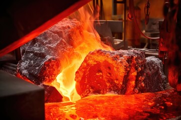 red hot molten steel in a crucible with fire sparks