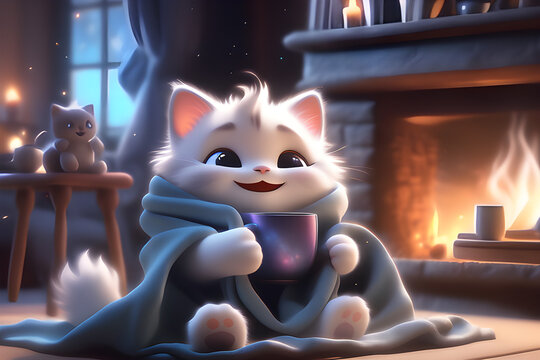 cute fluffy kitty, smiling, sitting in a rocking chair, wrapped in a blanket, holding a mug of tea in his paws, a fireplace, smiling bright auras of light in the background, generative ai, 인공지능, 생성형, 