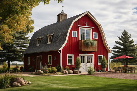 beautifully restored barn with a Gambrel roof, highlighting its rustic charm. The photo should showcase the weathered wood, classic red color, and the architectural allure of this