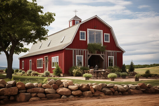 beautifully restored barn with a Gambrel roof, highlighting its rustic charm. The photo should showcase the weathered wood, classic red color, and the architectural allure of this