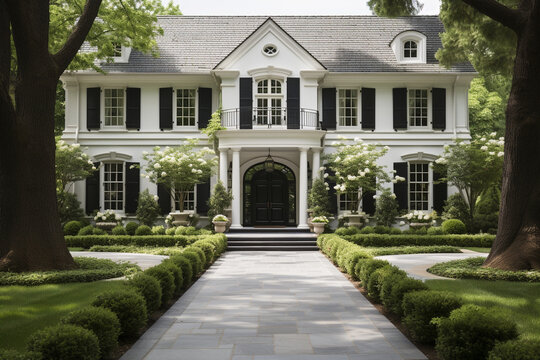 elegant suburban home with a Gambrel roof as the focal point. The photo should emphasize the home's exterior design, including manicured landscaping, windows, and roof details. Pho