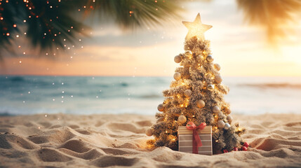 christmas tree on sandy tropical beach