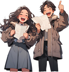 Students in anime style on transparent background