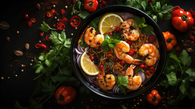 bowl of tom yam on a black background, Thai cuisine, shrimp, coconut milk, hot, spicy, restaurant, cooking, dish, pepper, hot soup, food photo, delicious, national, recipe, plate