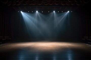 empty theater stage illuminated by spotlights - obrazy, fototapety, plakaty
