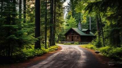 A road leading to a remote cabin in the woods