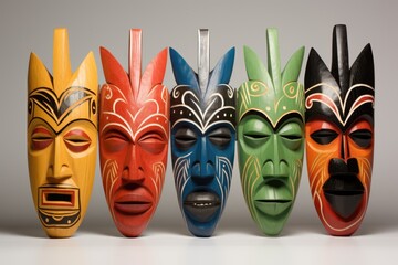 colorful tribal masks on a neutral background