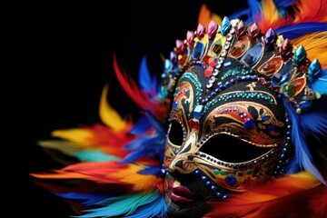 close view of a colorful masquerade mask on black velvet