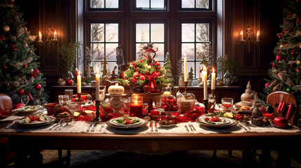 christmas table setting with holiday feast