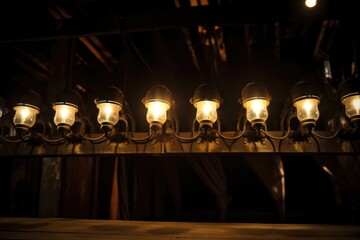 row of antique footlights illuminating a theater stage
