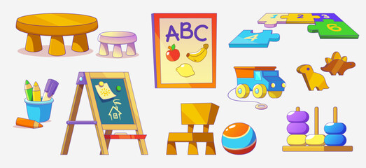 Kindergarten room interior set with toy for kid. Nursery or classroom element collection. Child playroom and education activity furniture ui icon. 2d daycare playschool drawing for toddler childhood