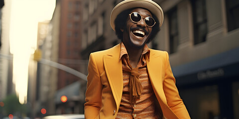 studio portrait of happy black man, 1970s fashion - obrazy, fototapety, plakaty