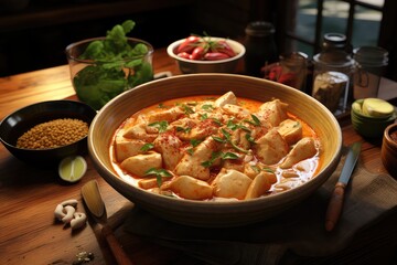 A bowl of Massaman Curry, a mild and creamy curry with potatoes, chicken, and peanuts